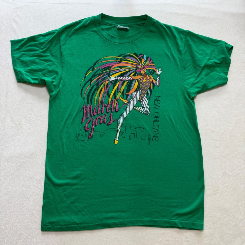 Hanes Mardi Gras T-Shirt Unisex Large Green Vintage 1985 New Orleans Graphic Tee